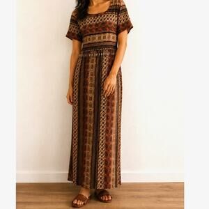 Vintage 90s Chiasso Beaded Rayon Maxi Dress Brown Tribal Print Boho Festival M/L
